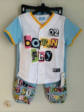 Born Fly Kids Light Blue Two-Piece Matching Set with Graphic Cuff Pants